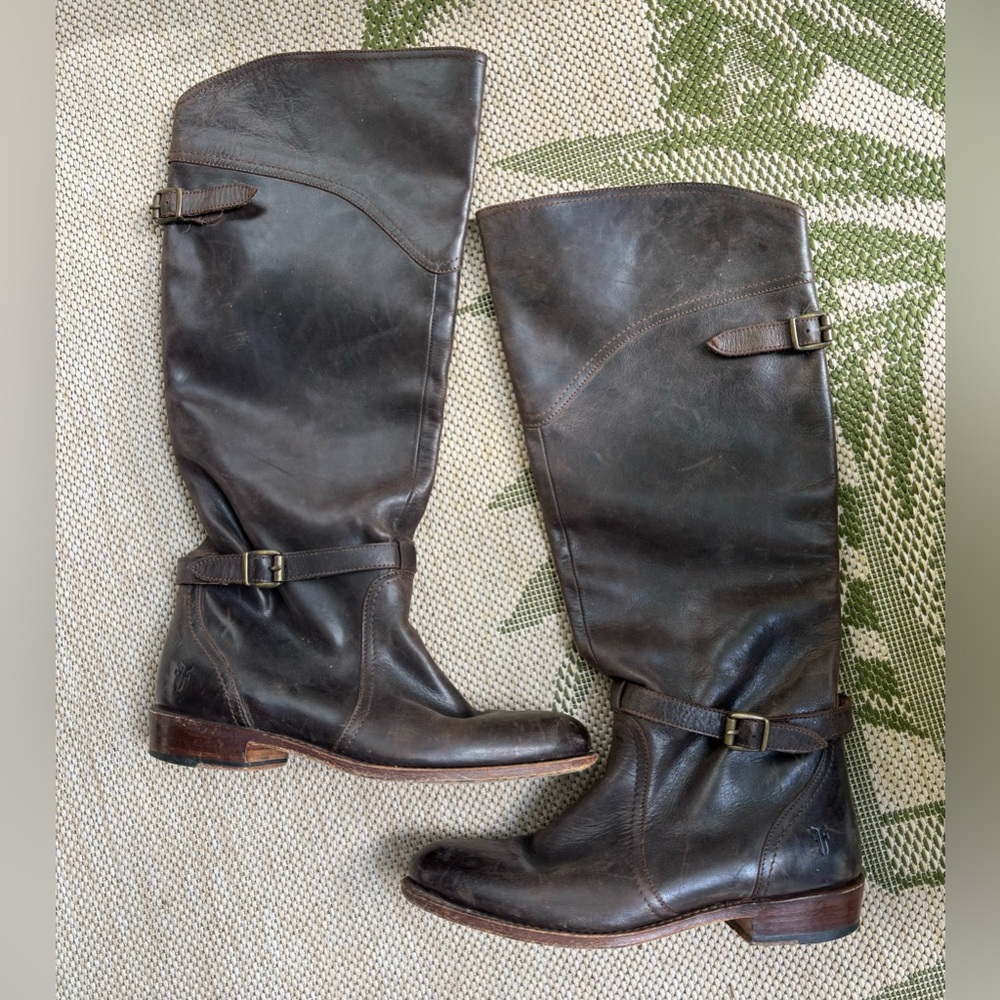 Frye leather calf length buckle boots